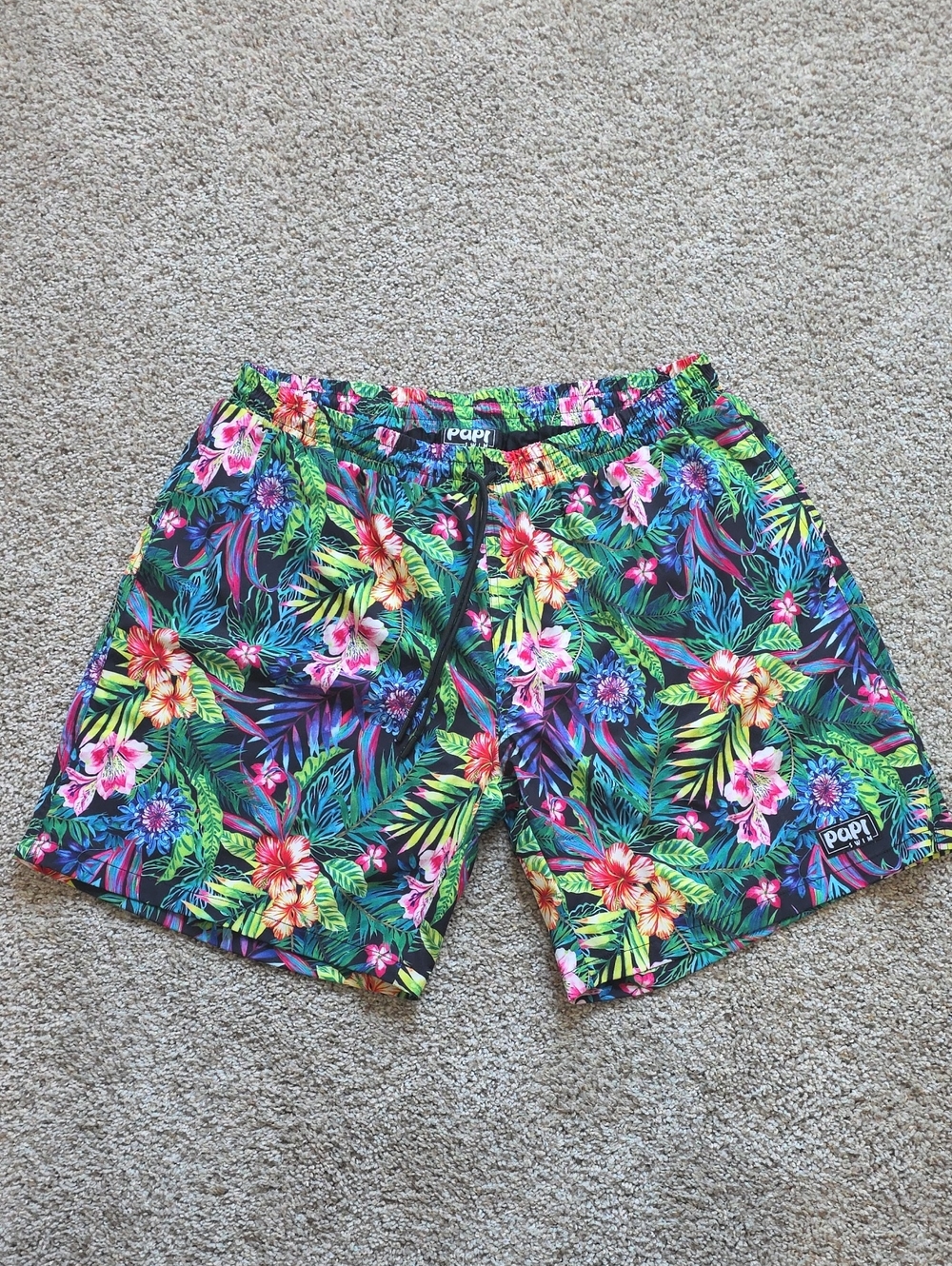 Papi Swim Men's Tropical Floral Hybrid Shorts - Black with Green & Pink Accents